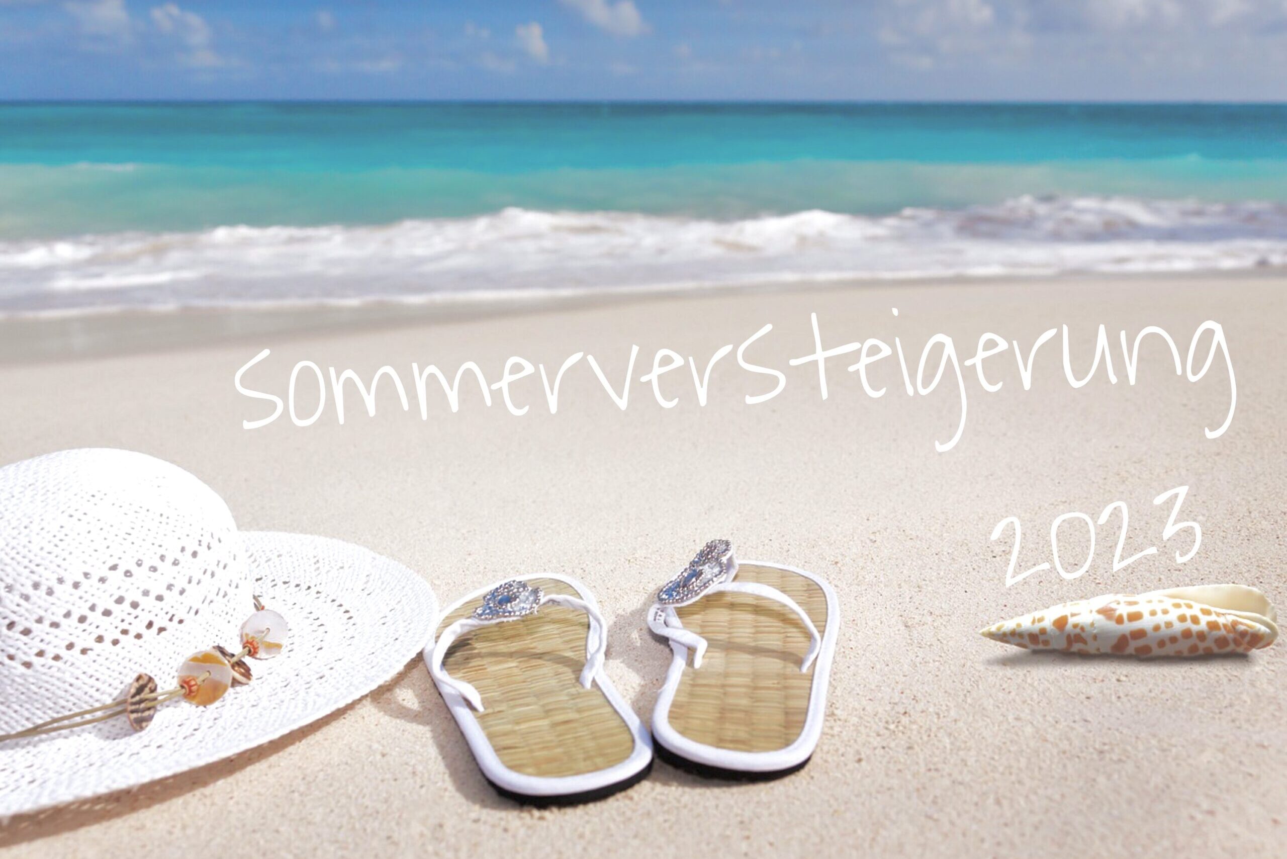 Titelbild für Sommerversteigerung. Strand, flipflops und sommerhut.